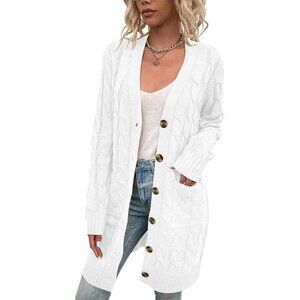 🆕Disi Womens white Cardigan Long Sleeves Cable Knit Open Front Loose Sweaters